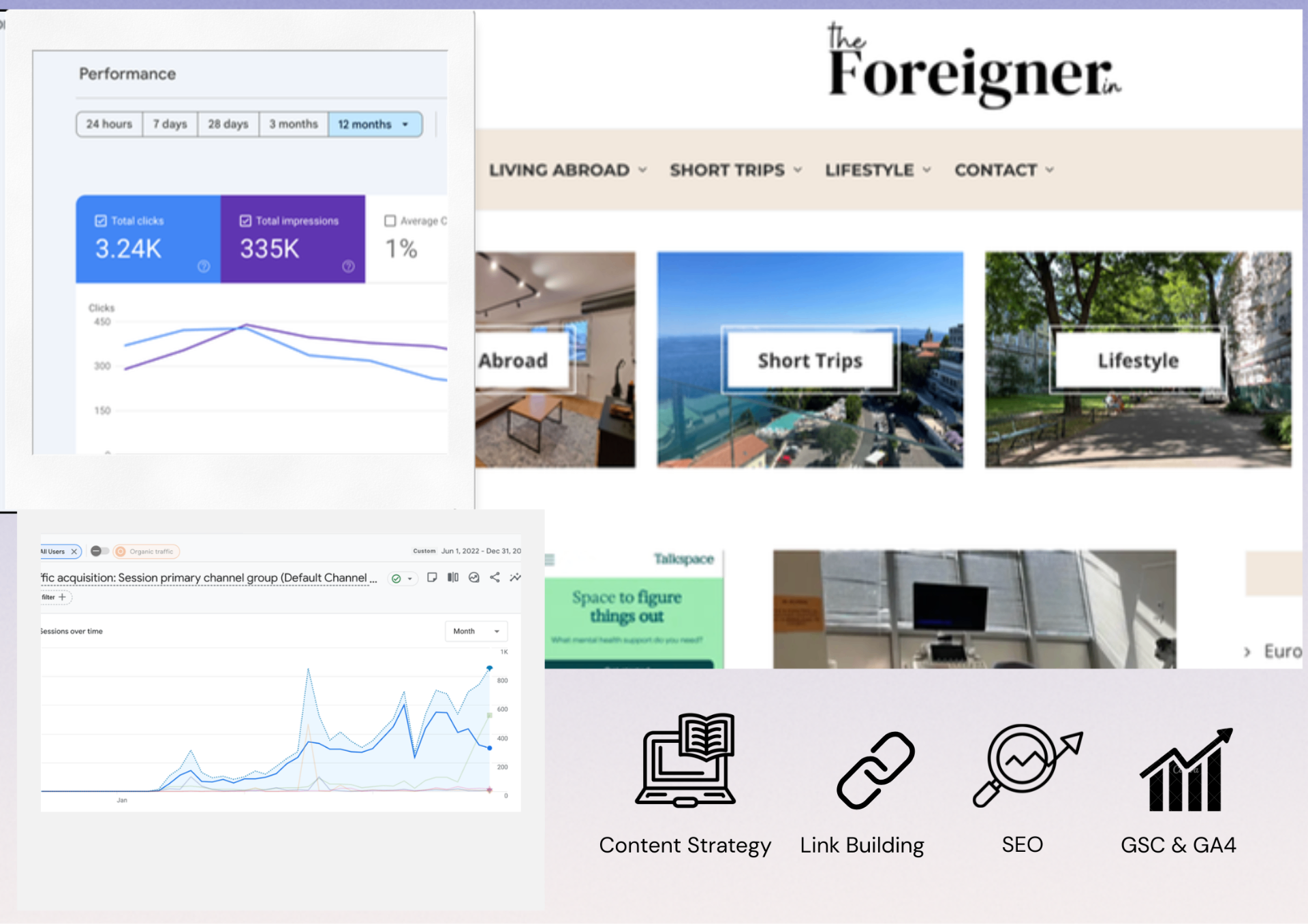 SEO portfolio hero illustration with search bar, growth chart, and travel elements